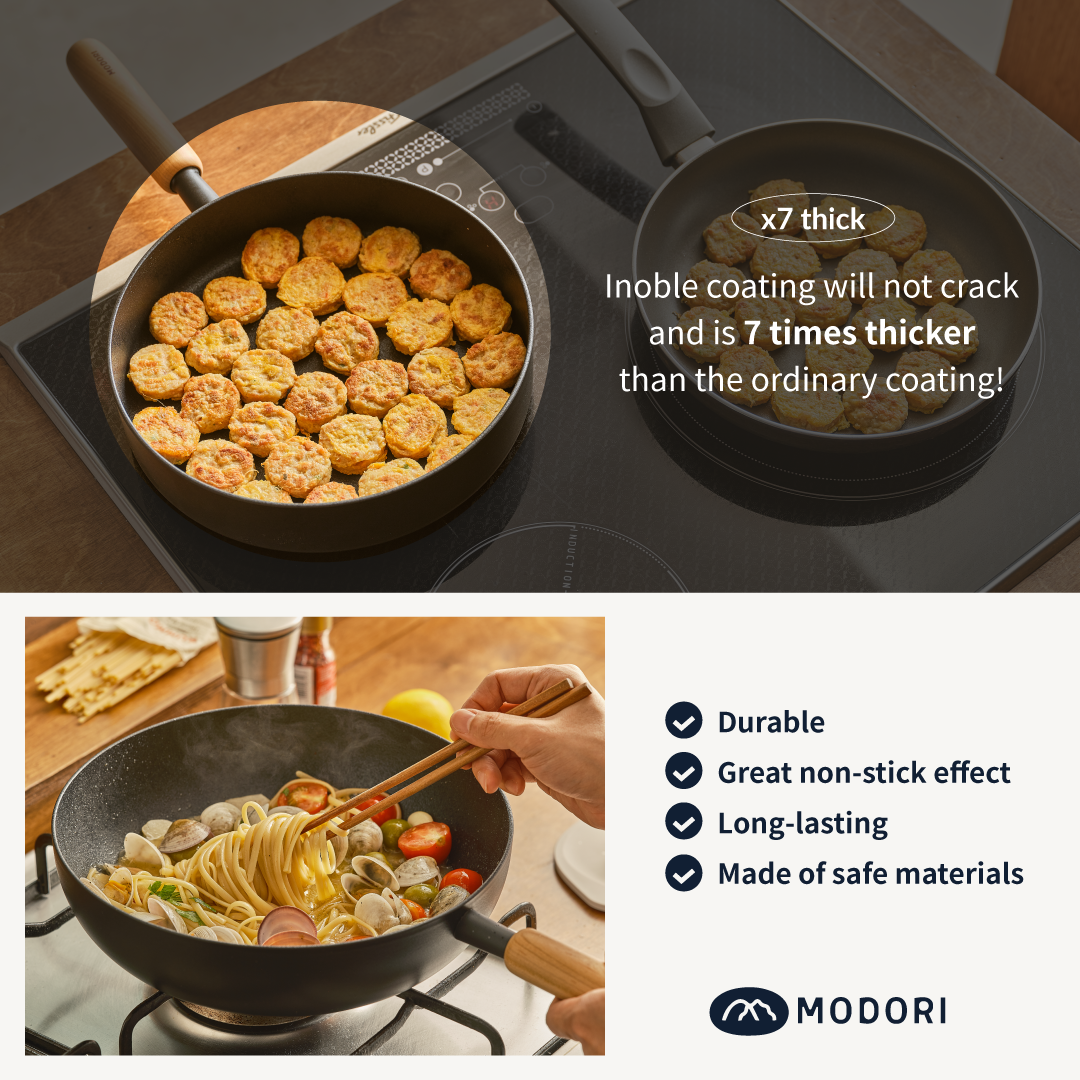 Modori Goodle Collection 28cm wok is the best-selling size in the goodle range, it is capable of handling large portions of ingredients, and with its large surface and deep design, you can easily flip and stir your ingredients, perfect for stir-frying and large servings. Special Inoble coating patented oil method that enhances the non-stick effects and makes it easier to clean after use and requires minimal maintenance. Suitable for cooking with various stoves.