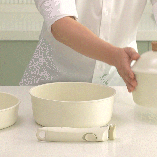 Modori Sodam Cookware Set is a stackable and detachable handle 3-piece cookware set that allows you to organize your kitchen space easily. Made of 98% pure aluminium alloy and natural mineral sand ceramic composition. You can use them on gas cooktops, induction cooktops, IH cookware, black ceramic cookware, and ovens. Sodam collection has a practical design and minimalist colours that will suit any kitchen. Modori is the key to designing your dream kitchen.