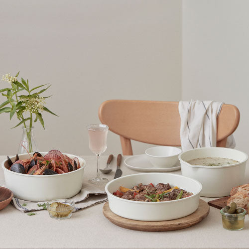 Modori Sodam Cookware Set is a stackable and detachable handle 3-piece cookware set that allows you to organize your kitchen space easily. Made of 98% pure aluminium alloy and natural mineral sand ceramic composition. You can use them on gas cooktops, induction cooktops, IH cookware, black ceramic cookware, and ovens. Sodam collection has a practical design and minimalist colours that will suit any kitchen. Modori is the key to designing your dream kitchen.