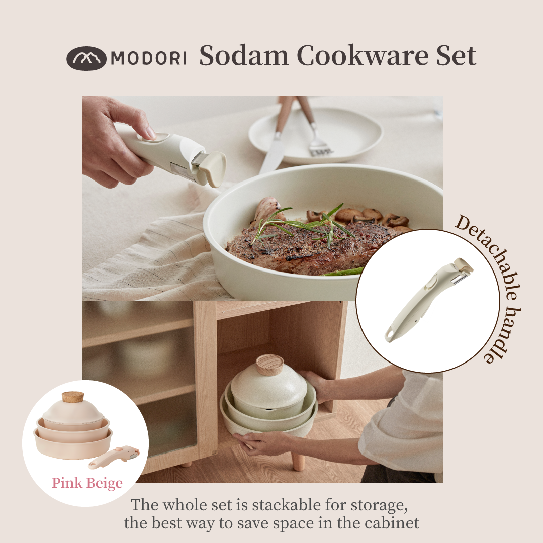 Modori Sodam Cookware Set Pink is a new color, a stackable and removable handle 3-piece cookware set that allows you to easily organize your kitchen space. Made of 98% pure aluminium alloy and natural mineral sand ceramic composition. You can use them on gas cooktops, induction cooktops, IH cookware, black ceramic cookware, and ovens.   The Sodam collection features functional designs and minimalist colours that will fit in any kitchen. Modori is the key to designing your dream kitchen.