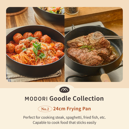 Modori Goodle Collection 24cm frying pan has wider surface is designed to cook just about anything without worrying about ingredients slipping out of the pan, from frying fish and pasta to cooking steak, it's just perfect for everyday use. Clean lining and neat design, a black body and a wooden handle for a warm and contemporary feel, ideal for long-term durability performance. Suitable for cooking with various stoves.